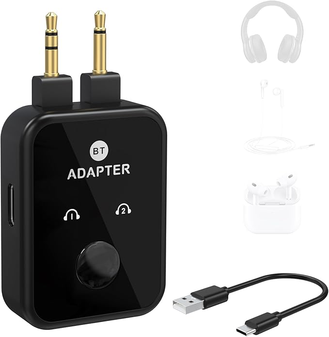Airplane Bluetooth 5.3 Transmitter Adapter, 3.5mm to Dual Bluetooth Audio by Toeasor