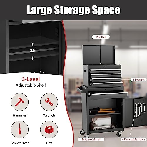 rolling tool chest, 5-drawer tool storage cabinet with showing dimensions