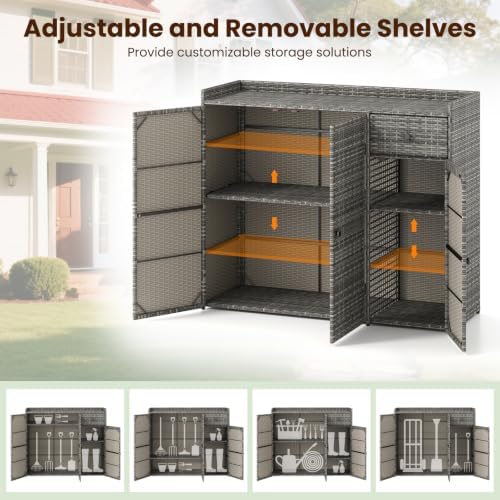 tangkula rattan outdoor storage cabinet with 2 adjustable, side view