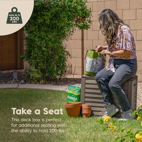 iris usa 35 gallon outdoor deck box, lockable, front angle view
