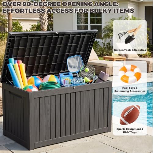 outdoor storage box, 270 gallon waterproof deck box, front angle view
