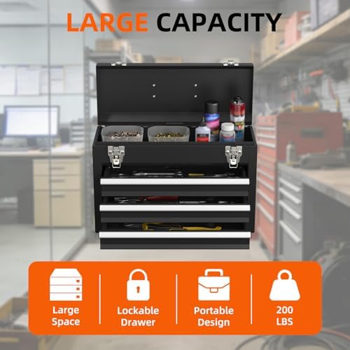 portable metal tool box – 3 drawers lockable, side view