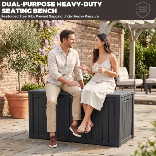 outdoor storage box, 180 gallon waterproof deck box on a desk or shelf