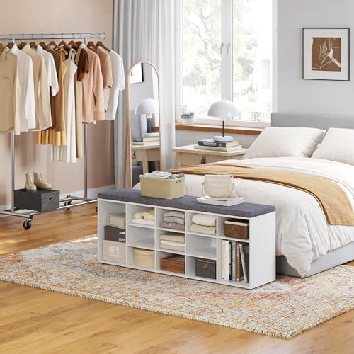 dinzi lvj shoe storage bench with cushion, 15-cubby shown in use
