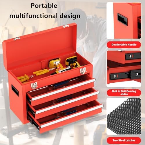 3 drawer metal tool box, portable metal tool, side view