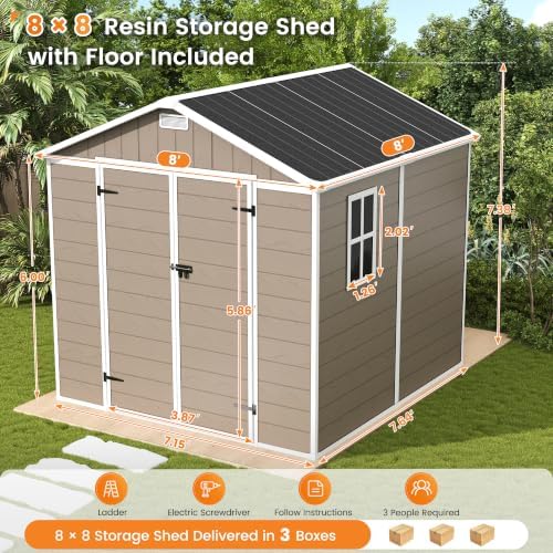 udpatio 8x8 ft resin storage shed, plastic outdoor shown in use