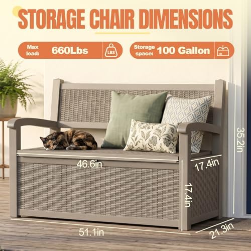 storage bench outdoor deck box, 140 gallon lockable showing dimensions