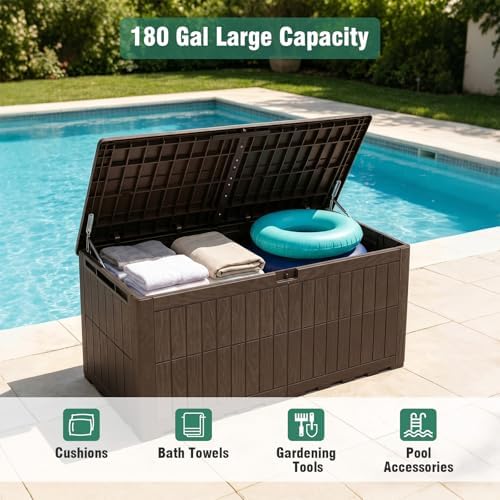 tangkula 180 gallon outdoor storage box with lockable, side view