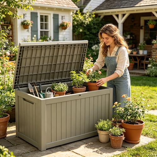 makino 275 gallon resin outdoor storage box, waterproof on a desk or shelf