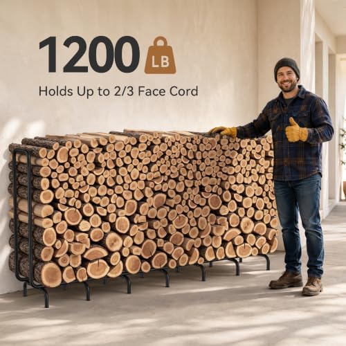 8.5ft firewood rack outdoor, heavy duty metal wood shown in use