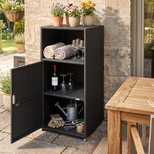 tangkula rattan outdoor storage cabinet with 3 storage on a desk or shelf