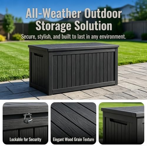 makino 198 gallon large resin outdoor storage box on a desk or shelf