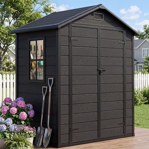 dwvo 6x4ft resin outdoor storage shed with reinforced on a desk or shelf