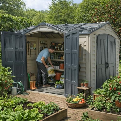 duramax apex pro 10.5x8 dual-access vinyl storage shed shown in use