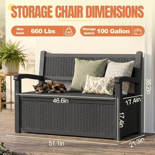 storage bench outdoor deck box, 140 gallon lockable showing dimensions