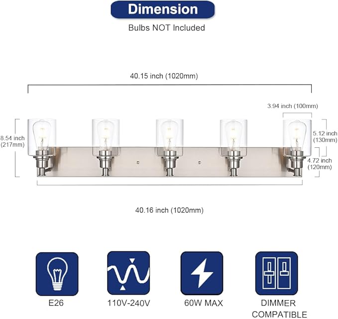 TODOLUZ 5-Light Vanity Light Fixture in Brushed Nickel, Modern Wall Sconce - Image 4