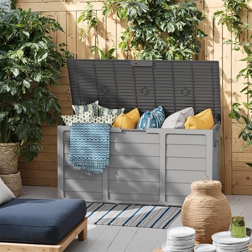 crownland outdoor 75 gallon storage deck box, weatherproof shown in use