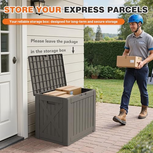 42 gallon outdoor storage box, lockable resin deck, side view