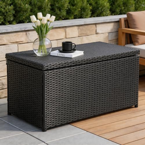 sundale 70 gallon black rattan deck storage box, close-up detail