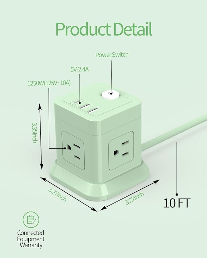 Cube Power Strip, FDTEK 4 Widely Spaced Outlet - 10FT Green - Image 3