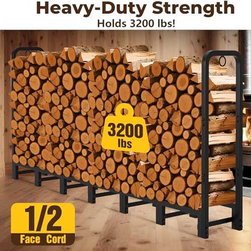 amagabeli 8ft firewood log rack outdoor heavy duty shown in use