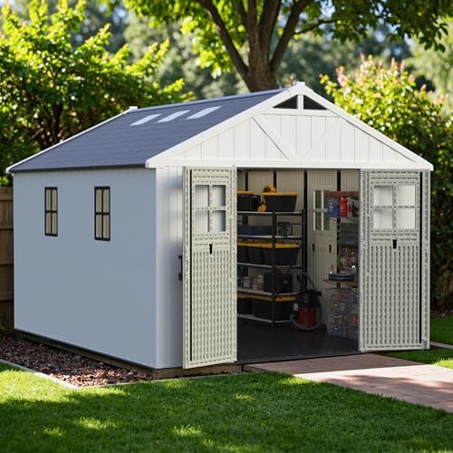 greesum 10x12ft resin outdoor storage shed with floor, front angle view