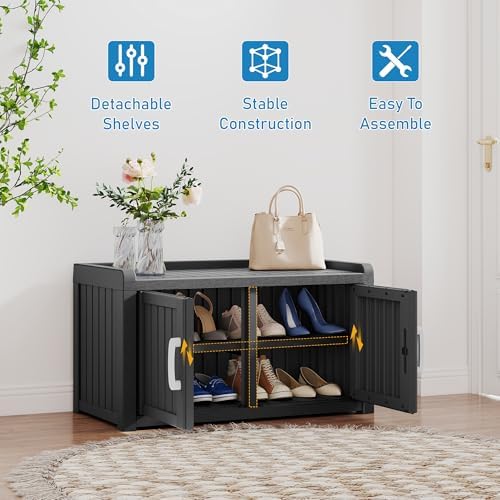 2-tier storage bench, waterproof uv-resistant outdoor shoe storage, close-up detail