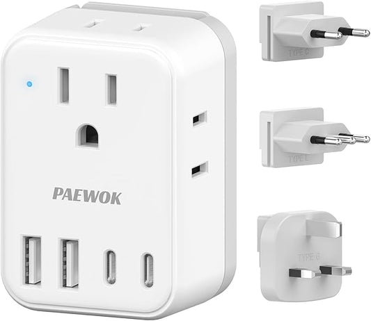 European Travel Plug Adapter USB C, US to EU/UK Plug Adapter- 4AC Outlets 4 USB by PAEWOK