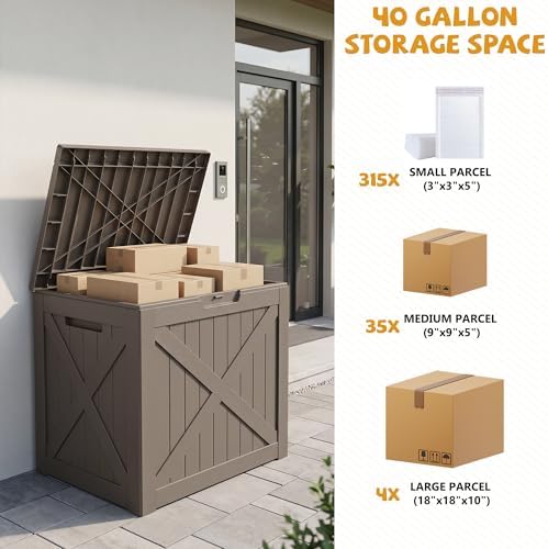 40 gal outdoor storage box waterproof lockable deck showing dimensions