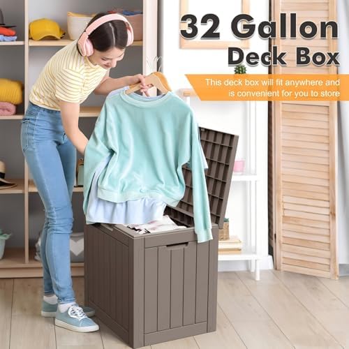 outdoor storage box waterproof, 32 gallon deck box shown in use