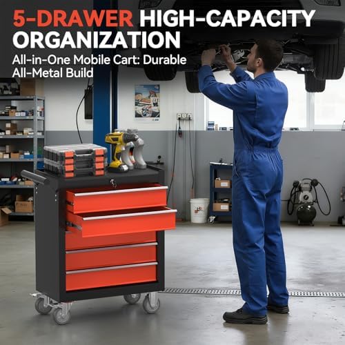 5-drawer rolling tool chest with wheels, metal tool shown in use