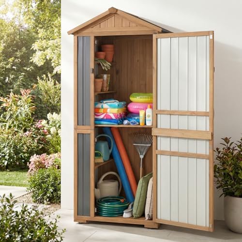 4-tier metal & wood outdoor storage cabinet with shown in use