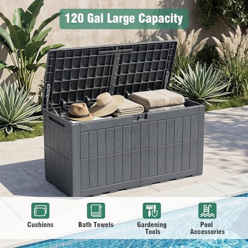 tangkula 120 gallon waterproof outdoor storage box with, side view