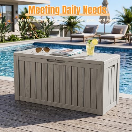 outdoor storage box,140 gallon waterproof resin deck box, front angle view