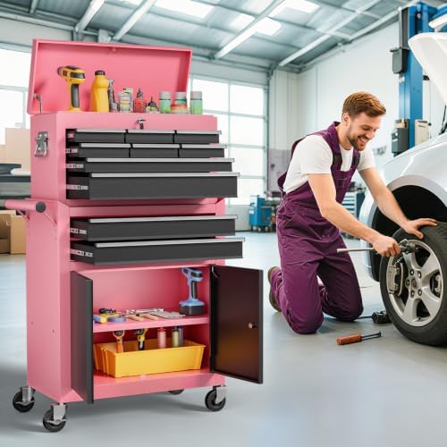 10-drawer rolling tool chest with wheels, lockable 2-in-1 shown in use