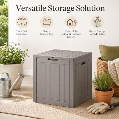 outdoor storage box resin deck box waterproof gray shown in use