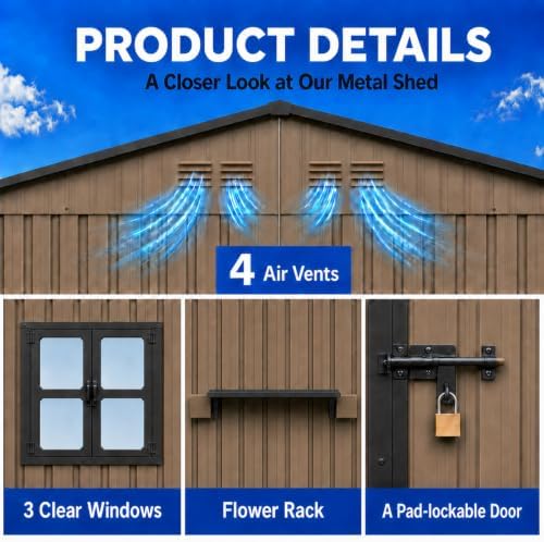 12x10 ft outdoor storage shed with 3 clear, side view