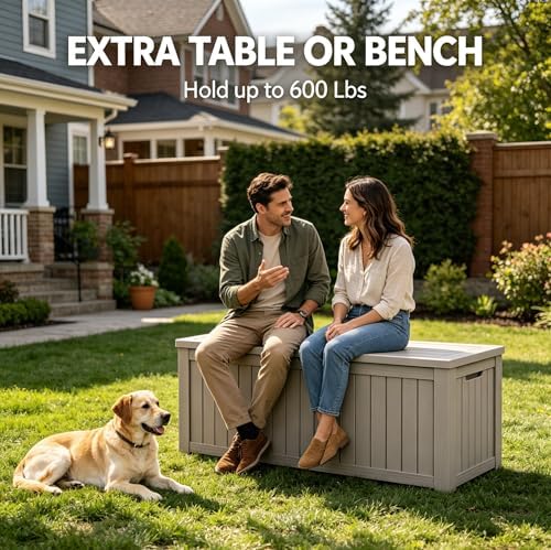 lausaint home 150 gallon resin deck box, package, front angle view