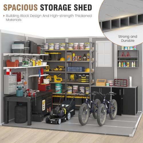 amopatio 8x8 ft storage shed, grey & white, close-up detail