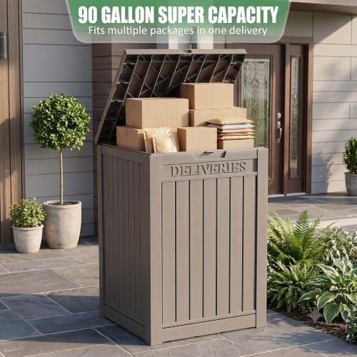 easyup package delivery boxes for outside, 90 gallon shown in use