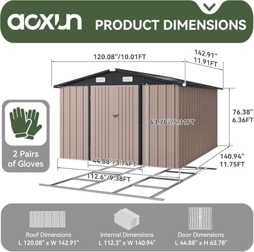 aoxun 10x12 ft galvanized steel outdoor storage shed shown in use