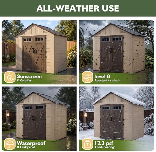 aoxun 8x6 ft outdoor storage shed with floor on a desk or shelf