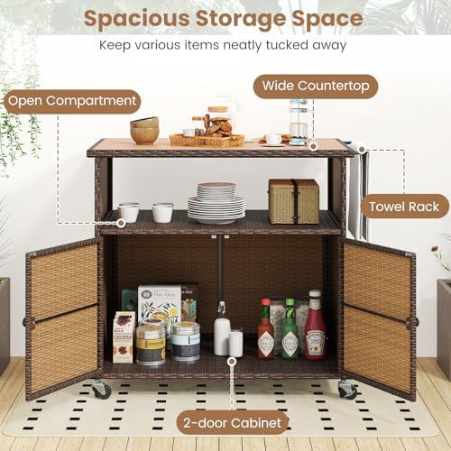 tangkula rattan outdoor storage cabinet with 4 wheels showing dimensions