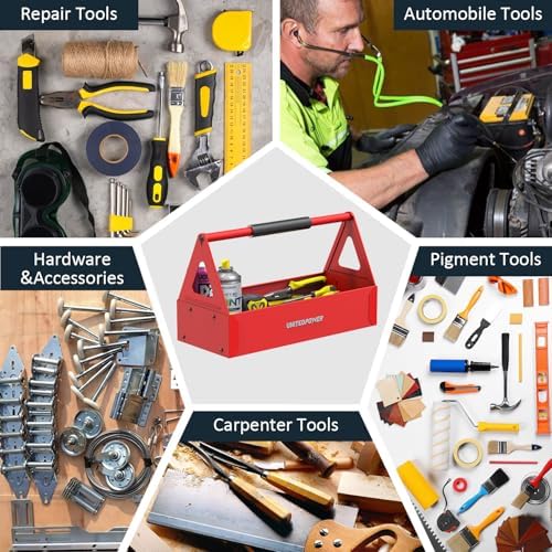 unitedpower handy tool box, portable metal tote tray on a desk or shelf