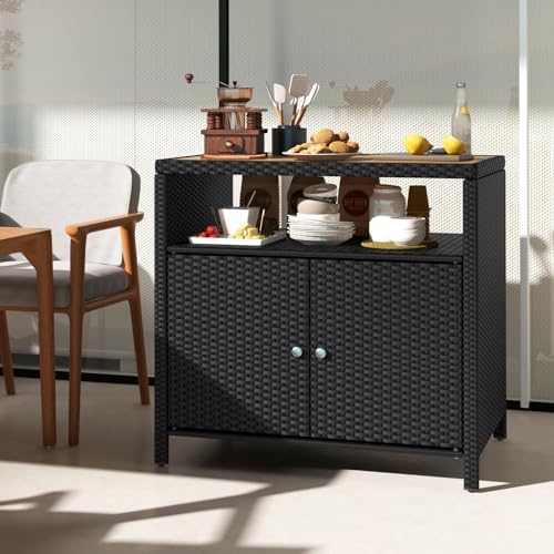 happygrill outdoor rattan storage cabinet, patio sideboard buffet shown in use