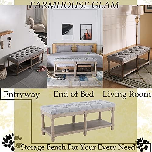 farmhouse storage bench wooden entryway upholstered tufted ottoman on a desk or shelf
