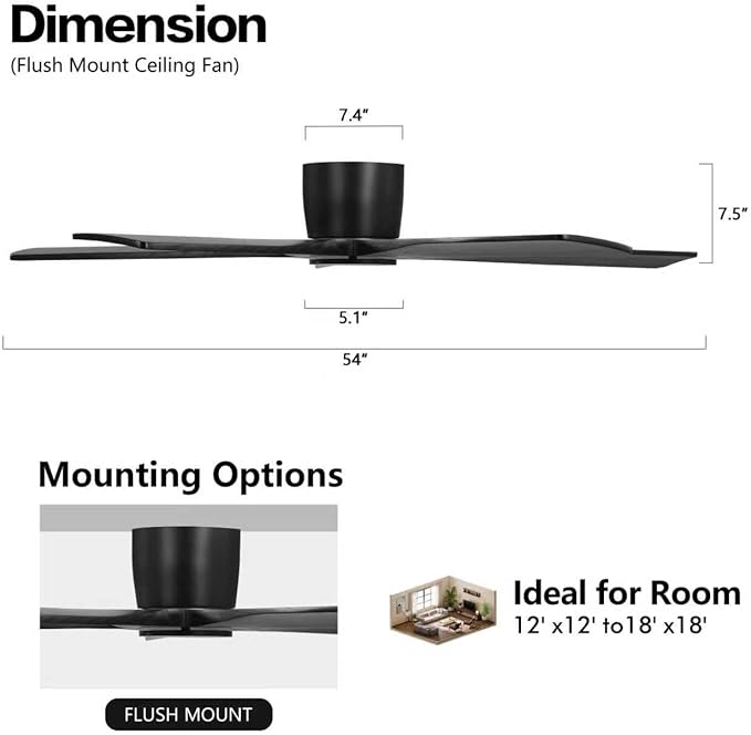 WINGBO 54" Flush Mount DC Ceiling Fans Without Lights, 5 Carved Solid Wood - Image 4