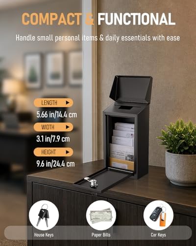 Uniclife Black Metal Donation Box, Wall Mounted Mailbox for Outside | Safe Suggestion Box with Key Lock, Steel Key Drop Box with Top Slot, Cash Box for Home Office and Business