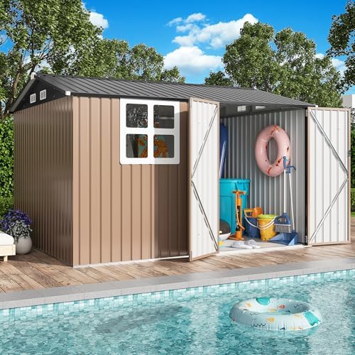 ironck 10x8.2ft outdoor storage shed with clear window, close-up detail
