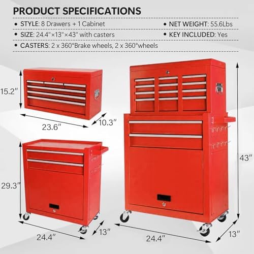 8 drawers rolling tool chest, 2-in-1 detachable metal, close-up detail
